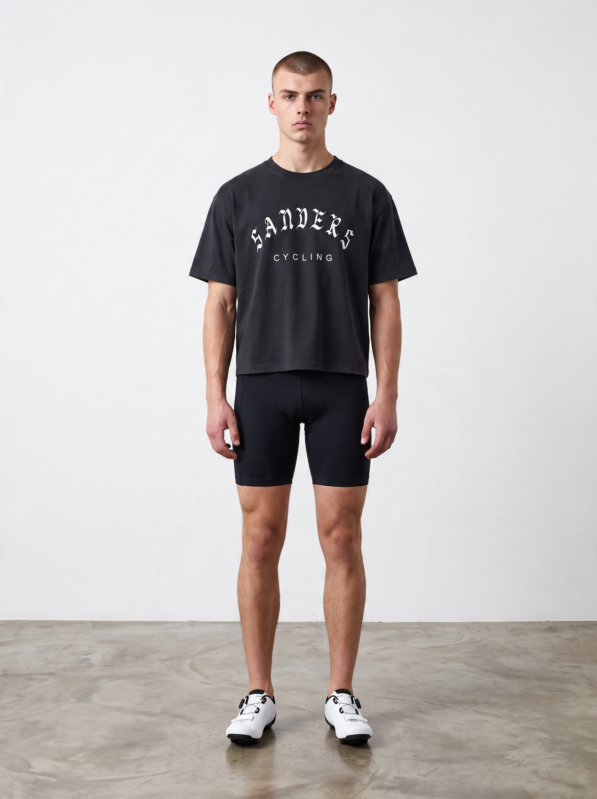 SANDERS Cycling black heavyweight boxy tee worn by a model