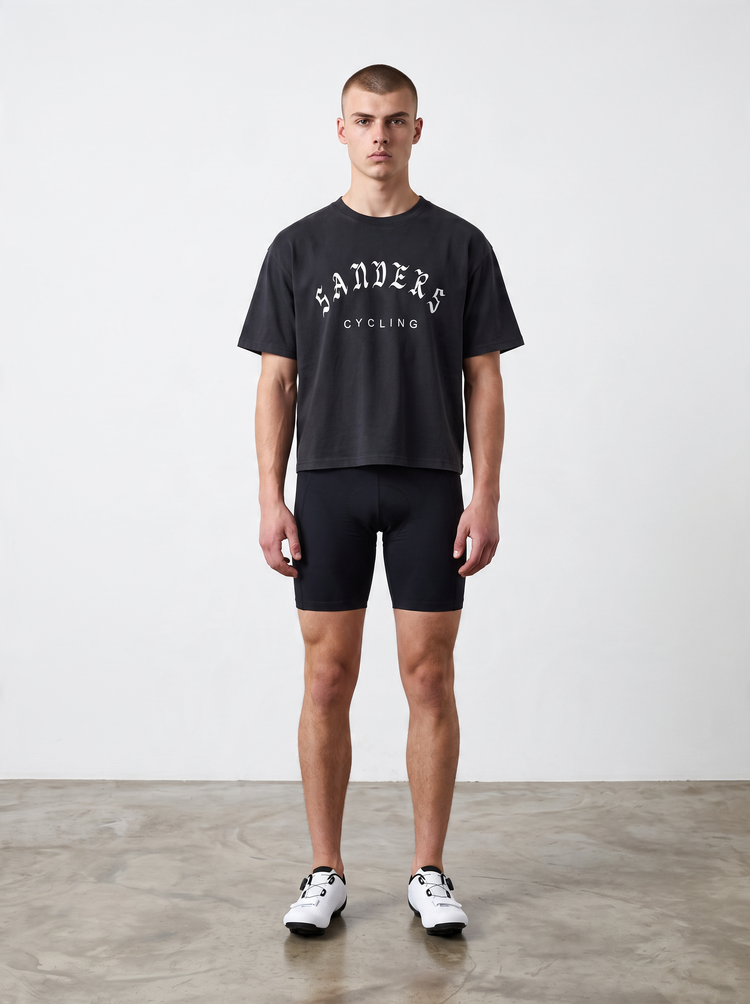 SANDERS Cycling black heavyweight boxy tee worn by a model