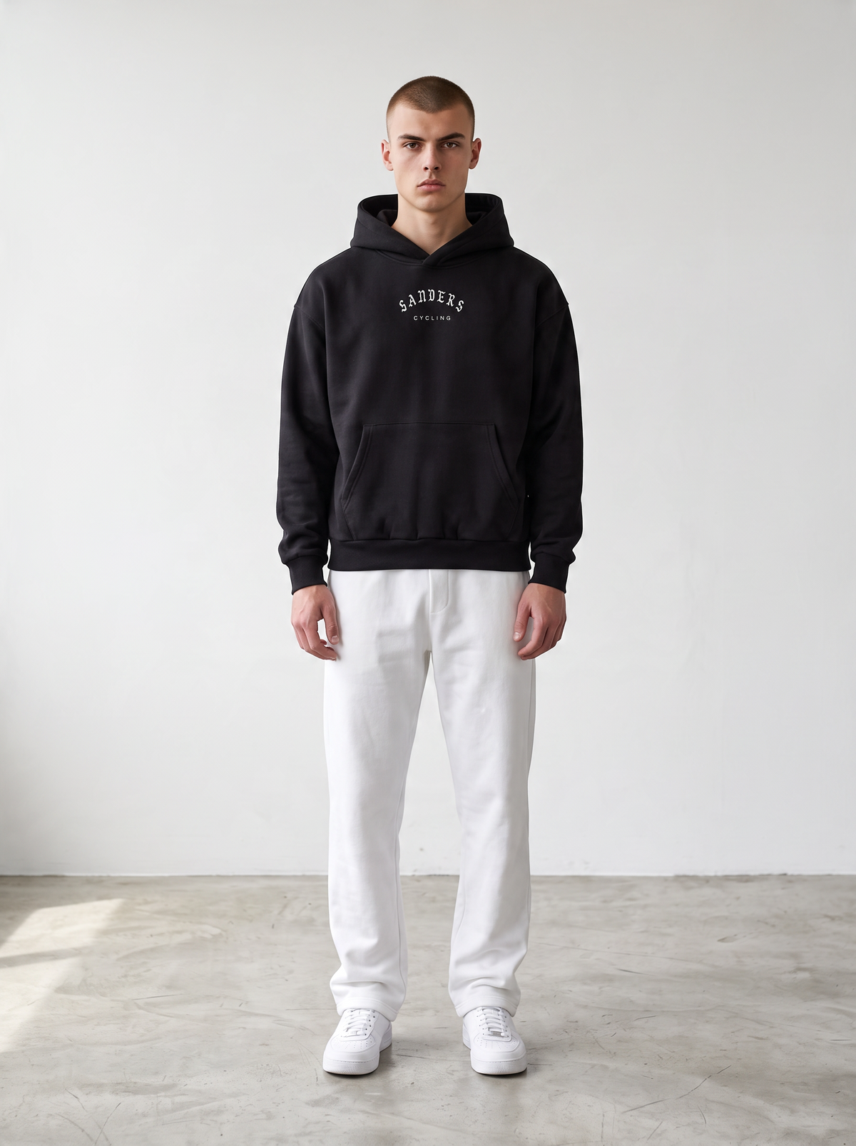 SANDERS Cycling black heavyweight hoodie worn by a model, alternate view