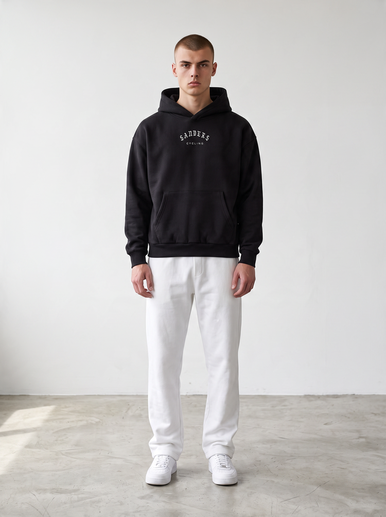 SANDERS Cycling black heavyweight hoodie worn by a model, alternate view
