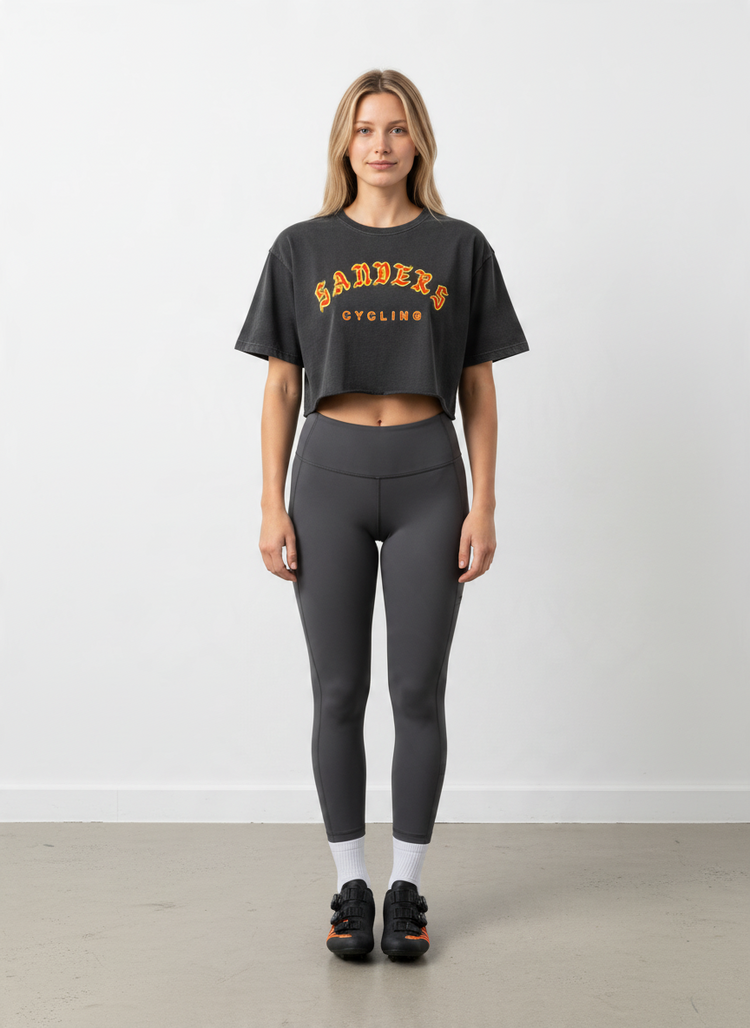 SANDERS Cycling women's black crop top worn by a model