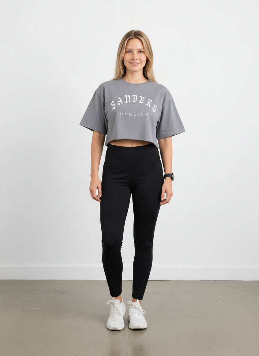 SANDERS Cycling washed gray cotton crop top with SANDERS graphic, worn by a model