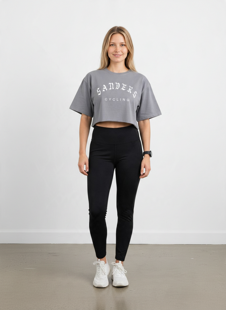 SANDERS Cycling washed gray cotton crop top with SANDERS graphic, worn by a model