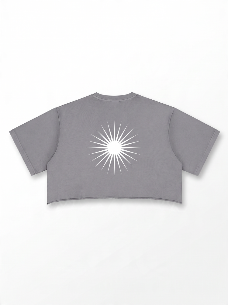 SANDERS Cycling washed gray crop top, back with sunburst graphic