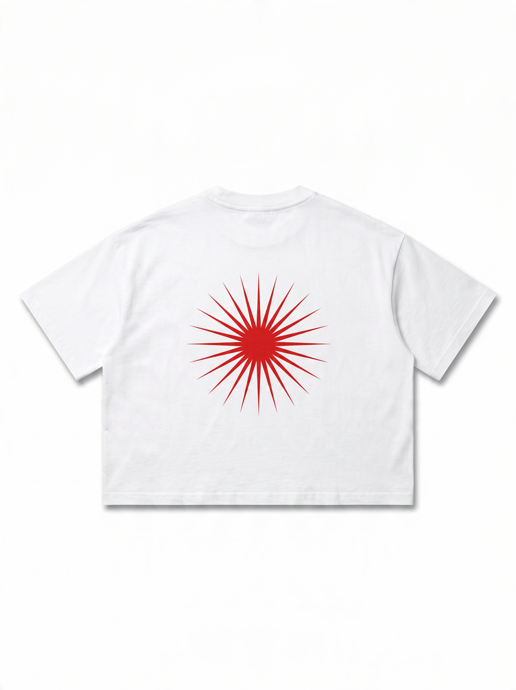 SANDERS Cycling white graphic boxy tee, back with red sunburst